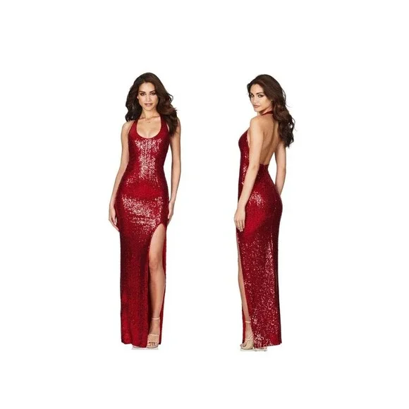 slim fit dress slacks Mew Mews Liora One Shoulder Sequin Crystal Maxi Dress with Gloves in Red main image 0